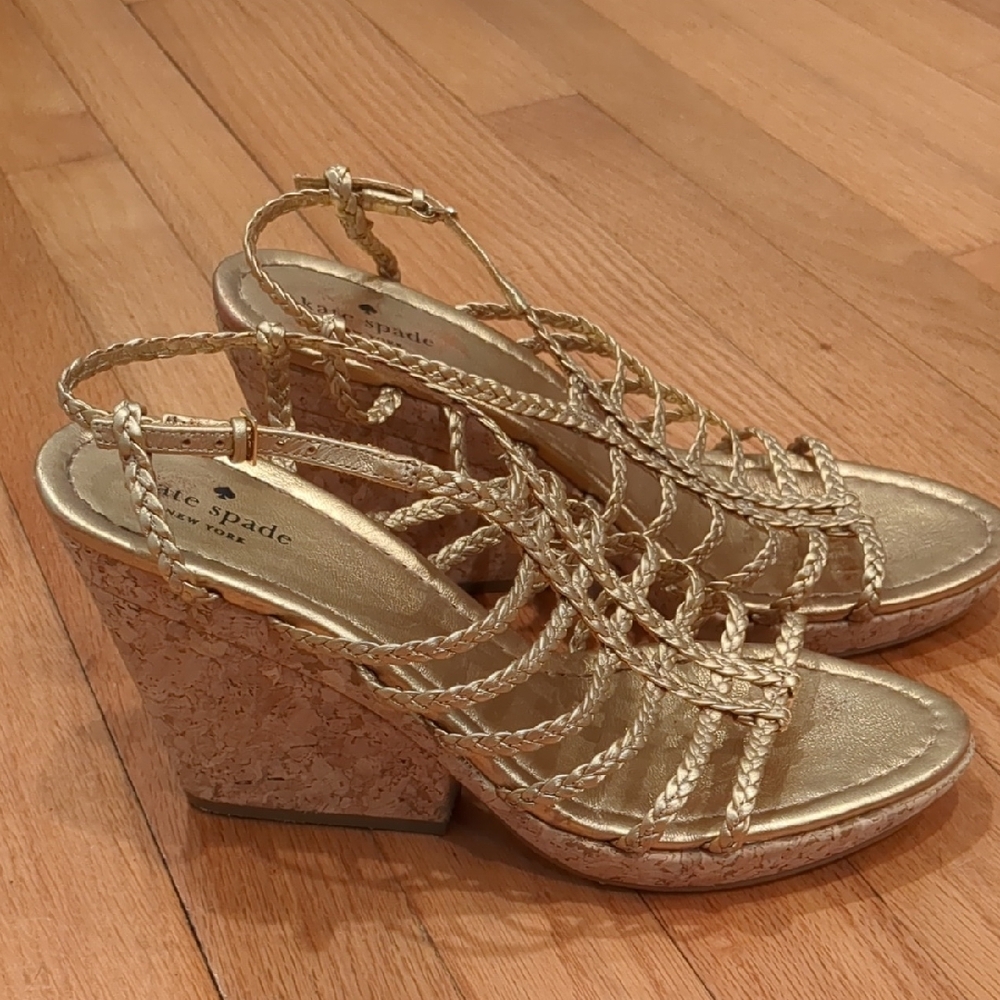 Kate Spade Braided Gold Wedge Platform Sandals with Cork Women's 9.5